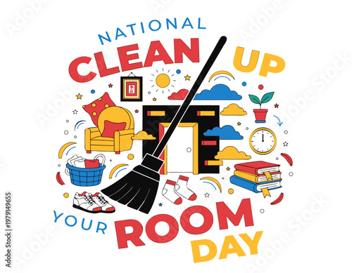Cleaning Room Vector Art, National Clean Up Your Room Day Isolated on White