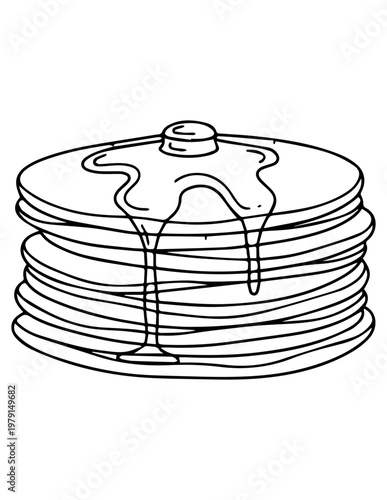 Black and white line drawing of a stack of pancakes with syrup on a white background food illustration breakfast illustration sketch of pancakes outline of pancakes pancake drawing