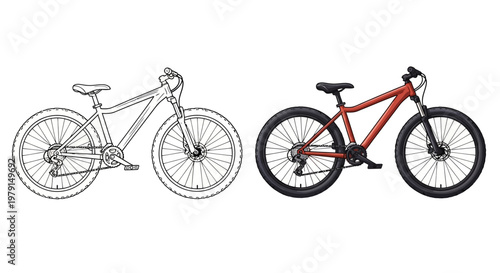Mountain Bike Line Art and Full Color Illustration Comparison