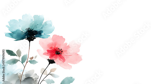 A painting of two flowers with a white background