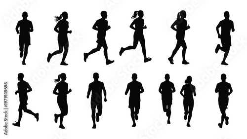 A collection of black silhouette figures depicting people actively running or jogging showcasing dynamic movement high quality professional detailed modern elegant