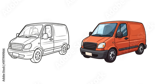 Orange Cargo Van, Commercial Vehicle, Delivery Truck, Transportation Icon, Isolated on White