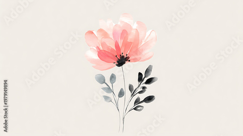 A pink flower with black leaves is painted on a white background
