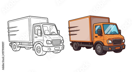 Orange Delivery Truck, Line Art and Color Comparison, Shipping Vehicle