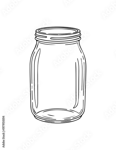Empty glass mason jar line art with black and white food preparation picnic container preserves beverage illustration minimalist kitchenware domestic homemade packaging