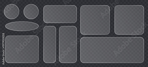 Set of frosted glass plates, semitransparent matte buttons, ui elements with blur effect, rectangular and circular shapes with rounded corners