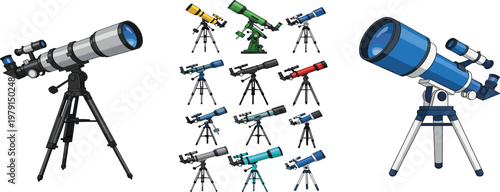 Set of Cartoon Telescopes in Different Colors and Styles for Use in Digital Media, Space Exploration, and Astronomy Illustrations