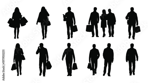 A collection of black silhouette figures depicts people shopping and walking facing forward on a white background high quality professional detailed