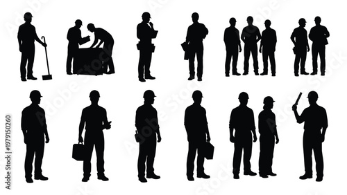 A collection of black silhouettes depicts various professions including construction workers business people and laborers high quality professional detailed modern elegant
