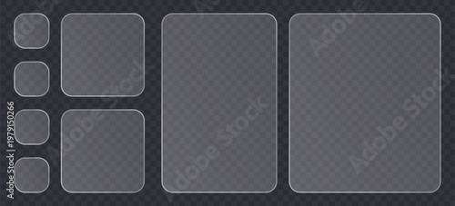 Set of glassmorphism style ui elements, frosted glass frames and buttons, transparent blurred panels for website or mobile app interface design