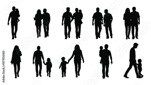 A collection of black silhouettes depicts diverse groups and individuals walking suggesting family connections and human interaction high quality professional detailed