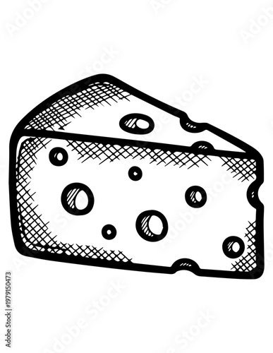 Hand drawn sketch of a wedge of swiss cheese with black and white food group illustration monochrome appetizer ingredient culinary delicious traditional restaurant appetizing