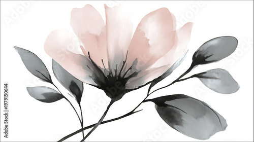 A flower with a stem and leaves is painted in black and white