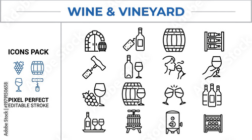 Winery vineyard wine tasting alcohol bottle line vector icons