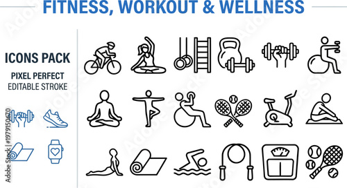 Fitness workout sports disability paralympics yoga line vector icons