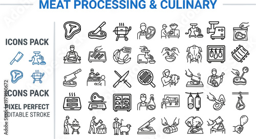 Butchery meat processing steakhouse bbq grill line vector icons
