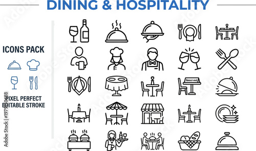 Restaurant dining hospitality waiter catering service line vector icons