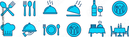 Restaurant catering food cover cloche flat blue vector icons