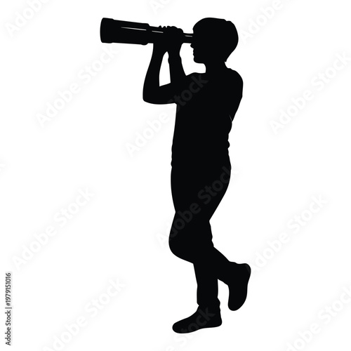 Person using telescope silhouette against clear background for outdoor observation activities vector on white background