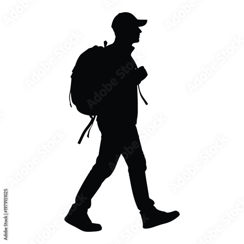 Person walking silhouette carrying large backpack and holding small bag outdoors vector on white background