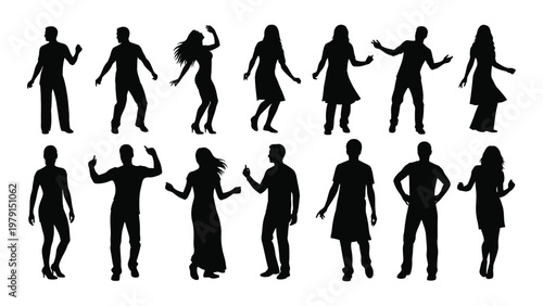 A collection of black silhouettes depicting diverse people in dynamic poses seemingly dancing or celebrating joyfully high quality professional detailed modern
