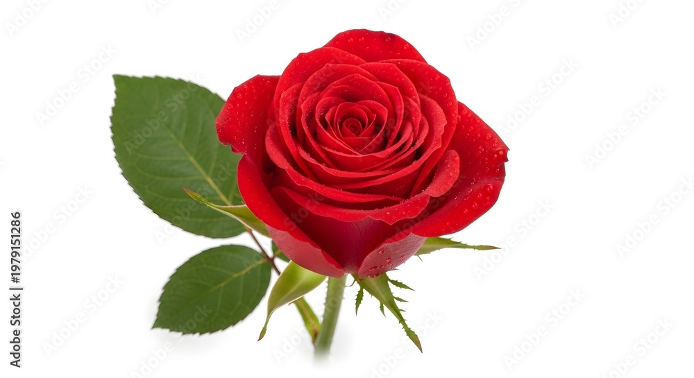 Fototapeta premium Vibrant red rose with green leaves on white background flower