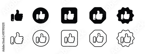 A collection of black and white thumbs up, Like icons in various shapes and styles on a clean white background