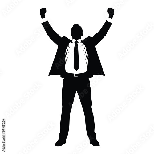 Professional triumphant businessman raising arms in victory pose with suit and tie vector on white background