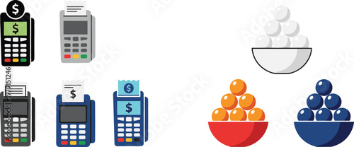 Finance and Retail Icon Set Featuring POS Terminals Payment Devices and Food Bowls with Dumplings Oranges and Blueberries Symbols