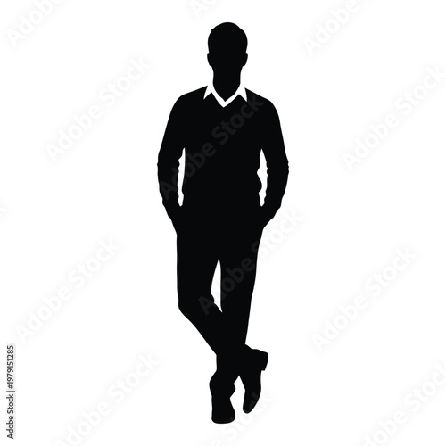 Silhouette of person standing confidently with hands in pockets wearing blazer and trousers vector on white background