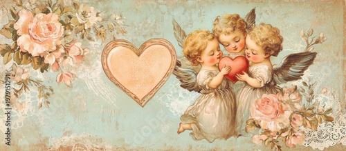 Three cherubic angels with a heart surrounded by roses and lace on a vintage background.