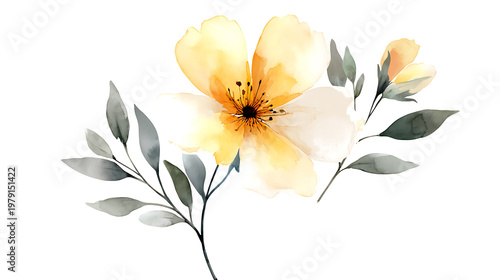 A yellow flower with green leaves is the main focus of the image