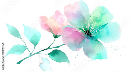 A watercolor painting of a flower with a green stem and pink petals