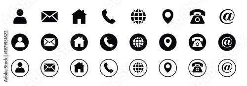 A collection of black ui ux icons, user interface icon set collection. vector illustration concept with icon of Name, Email, Address, Contact, Website, Location, Phone.