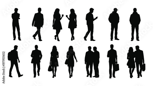 A collection of black silhouettes depicts diverse people standing and walking in various casual poses and attire high quality professional detailed