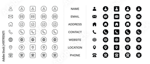 A collection of black ui ux icons, user interface icon set collection. vector illustration concept with icon of Name, Email, Address, Contact, Website, Location, Phone.
