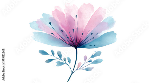 A watercolor painting of a flower with pink, blue, and purple petals