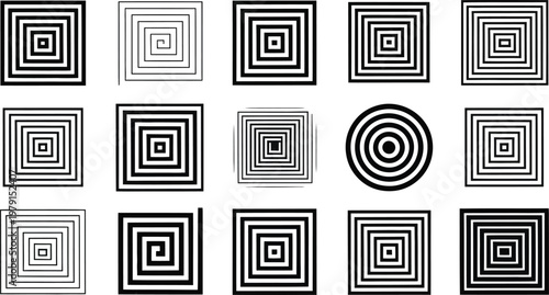 Black concentric square spirals create mesmerizing optical illusion patterns.