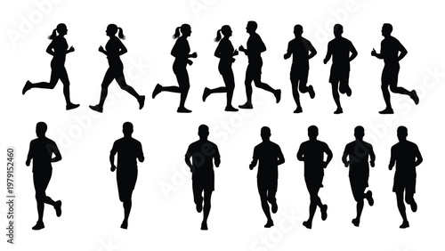 A collection of black silhouette figures depicts a diverse group of people actively running and exercising outdoors high quality professional detailed