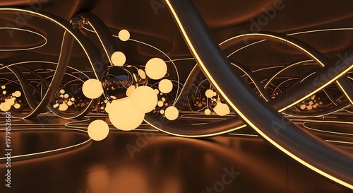 Abstract Futuristic Interior with Glowing Spheres and Linear Lighting