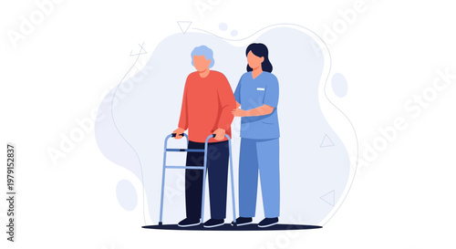 Nurse Assisting Elderly Person with Walker, Healthcare Support, Senior Care