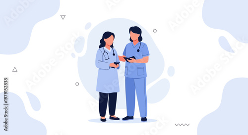 Two female doctors in medical scrubs discussing patient chart, healthcare concept