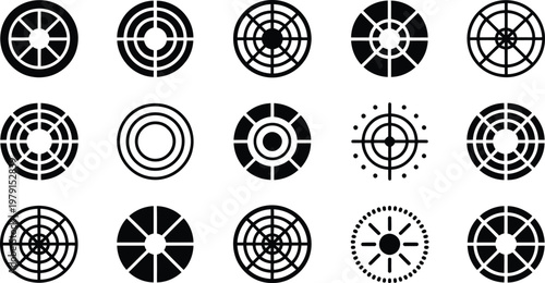 Black circular designs feature intricate radial and concentric wheel-like motifs.