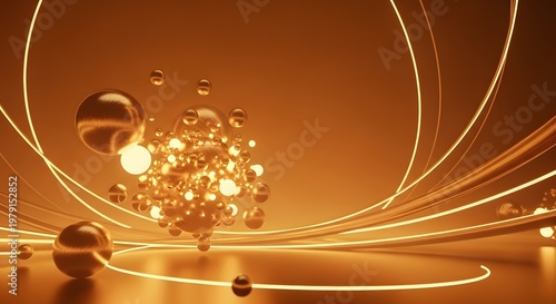 Abstract Golden Spheres and Light Trails - 3D Rendered Background