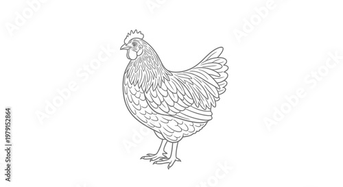 A simple line drawing of a chicken standing on a plain background
