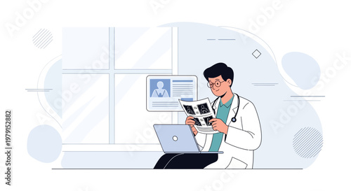 Doctor reviewing medical scans on laptop in modern clinic office