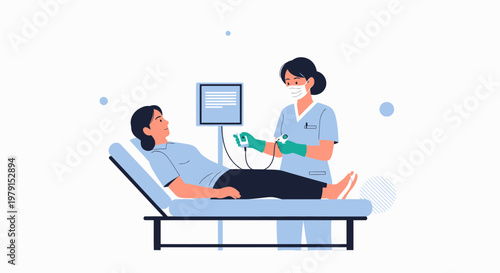 Nurse performs medical examination on patient lying on examination bed with ultrasound machine