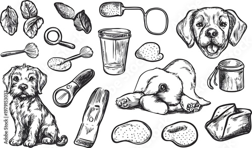 Collection of Dog Related Items and Puppies Hand Drawn Sketch.