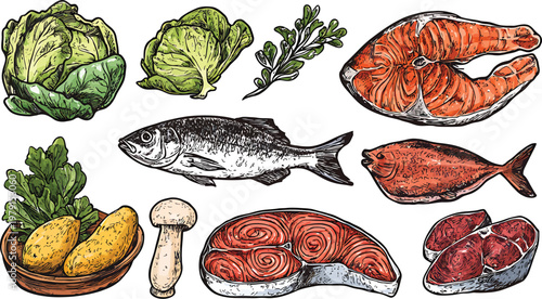 Collection of Fresh Food Ingredients Including Fish and Vegetables.