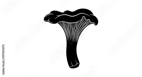 A simple black and white illustration of a mushroom with a distinctive cap and stem.